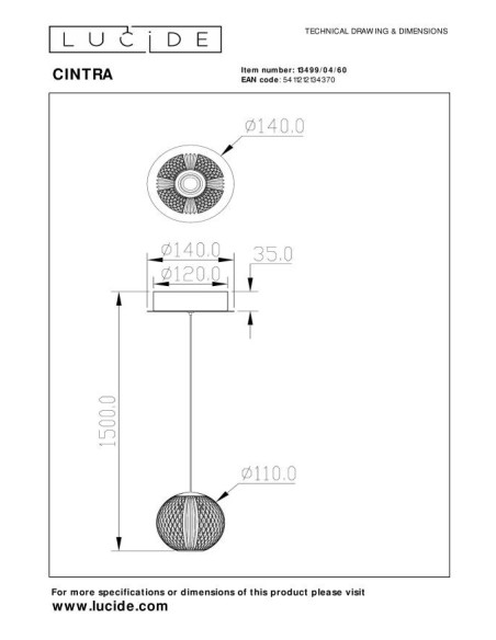 Suspension Lucide CINTRA LED 2700K réglable design