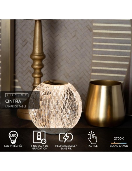 Détail lampe de table Lucide CINTRA design boule acrylique transparent