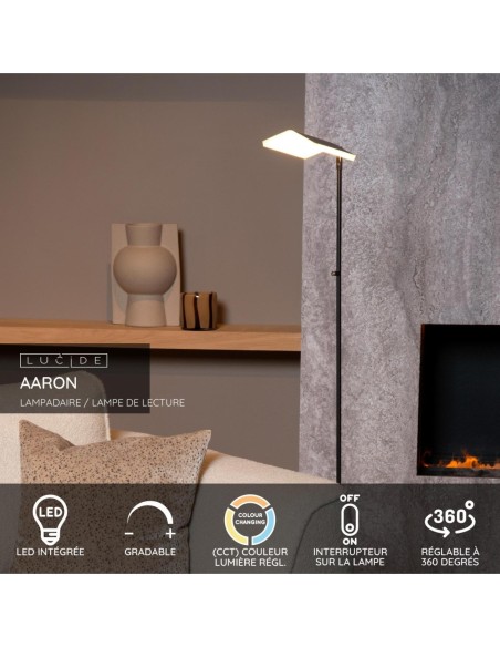 Lampadaire LED Dim. CCT 1x12W 2700K/4000K Noir - Lucide - Aaron