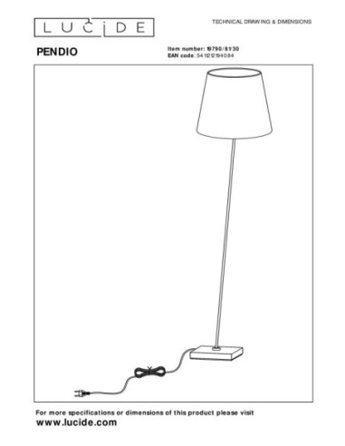 Pendio  de Lucide  - Lampadaire métal noir abat-jour textile - dessin technique