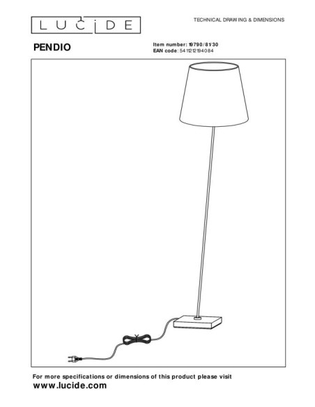 Pendio  de Lucide  - Lampadaire métal noir abat-jour textile - dessin technique