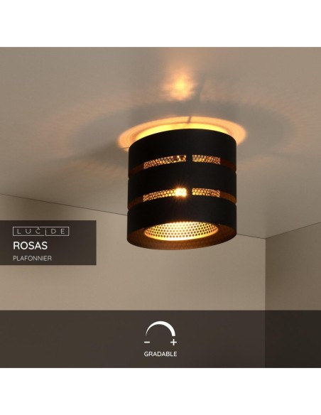 Lucide ROSAS Plafonnier Diam. 26 cm 1xE27 Noir | Deko Light