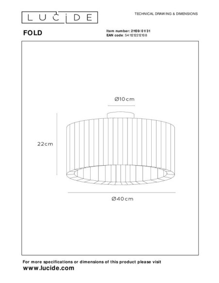 Fold de Lucide - Plafonnier abat-jour soie plissée - E27 - dessin technique