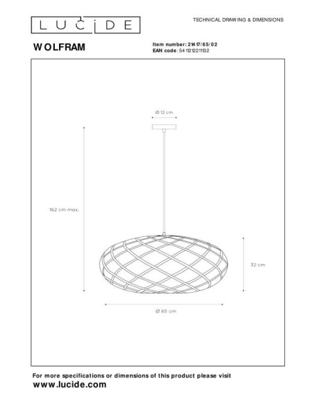 Suspension Diam. 65 cm 1xE27 60 W Or Mat / Laiton - Lucide -Wolfram
