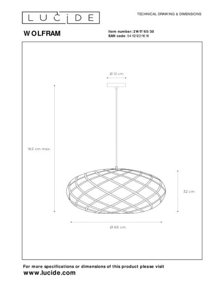 Suspension Diam. 65 cm 1xE27 60 W Métal  Noir - Lucide - Wolfram