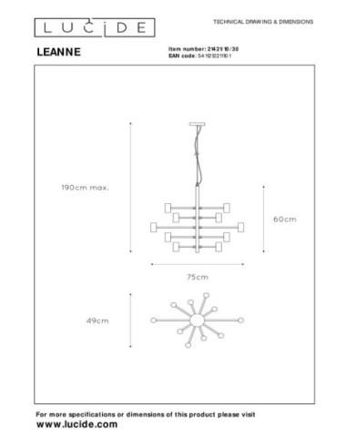 Lucide LEANNE Suspension Diam. 65 cm 10xE27 Noir