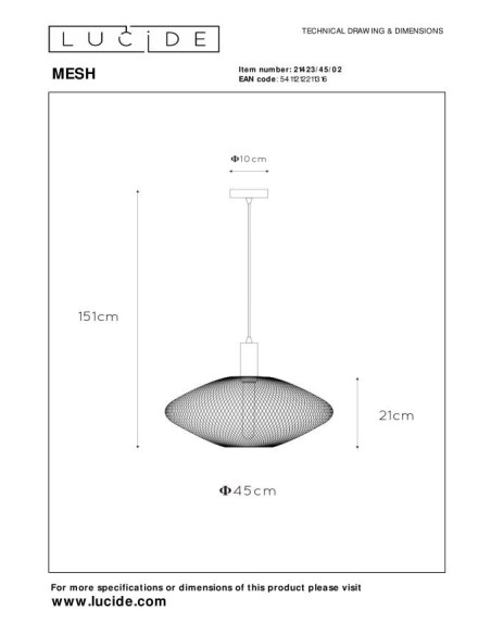 Suspension Diam. 45 cm 1xE27 40W Or Mat / Laiton - Lucide - Mesh
