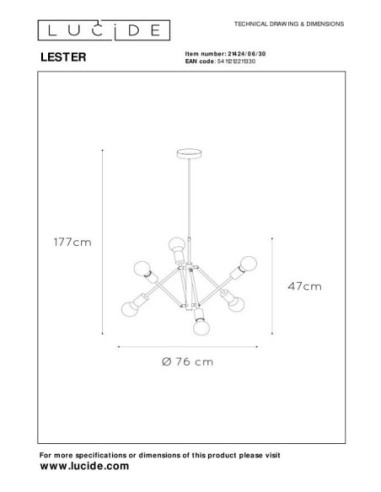 Lucide LESTER Suspension 6xE27 Noir | Deko Light