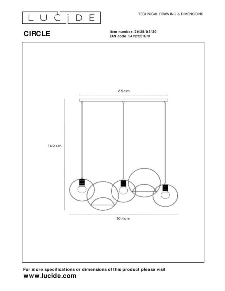 Suspension Led 3xE27 40W  Noir & Or mat Dimmable - Lucide - Circle