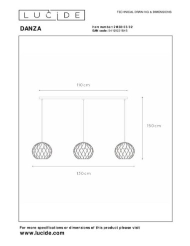 Suspension Led en ligne métal or mat/laiton 3xE27 - Lucide - Danza