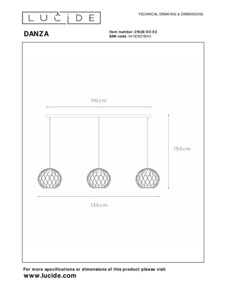 Suspension Led en ligne métal or mat/laiton 3xE27 - Lucide - Danza
