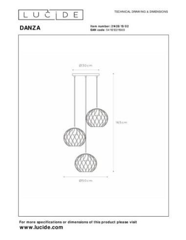 Lucide DANZA Suspension Diam. 50 cm 3xE27 Or Mat / Laiton | Deko Light