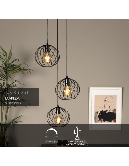 Lucide DANZA Suspension Diam. 50 cm 3xE27 Noir | Deko Light