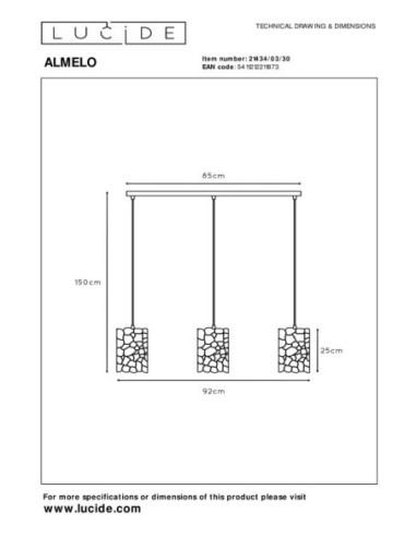 Suspension Led 3xE27 40 W Dimmable Noir & Or mat - Lucide - Almelo