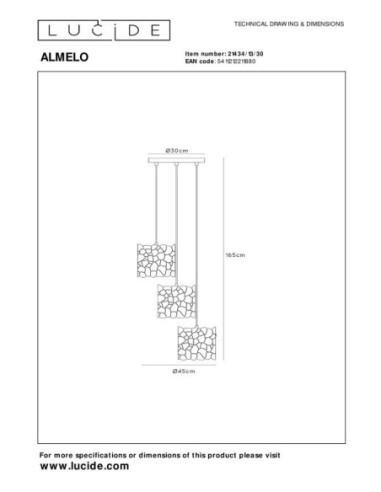 Almelo de Lucide - Suspension Led 3xE27 ronde- dessin technique