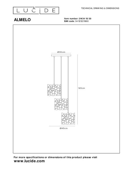 Almelo de Lucide - Suspension Led 3xE27 ronde- dessin technique