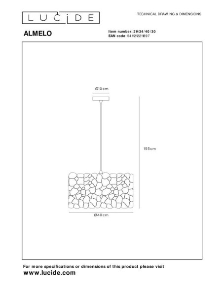 Almelo  de Lucide - Suspension Led E27  diam. 40 cm - dessin technique