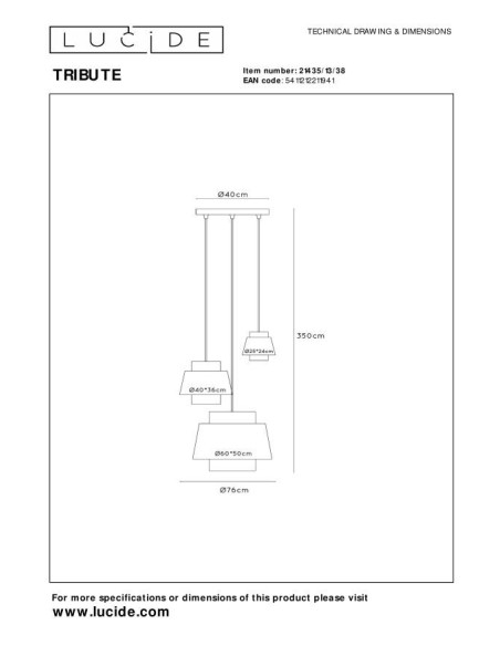 Suspension Diam. 76 cm 3xE27 40 W IP20 Tissu Creme - Lucide - Tribute