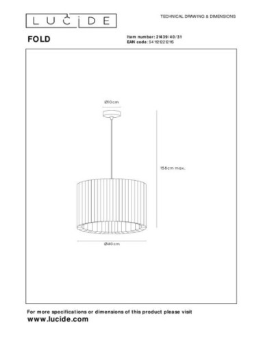 Fold de Lucide  - Suspension  abat-jour soie plissée - E27 - dessin technique