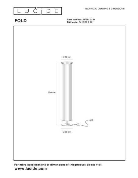 Lucide FOLD Lampadaire Diam. 20 cm 2xE27 Blanc | Deko Light