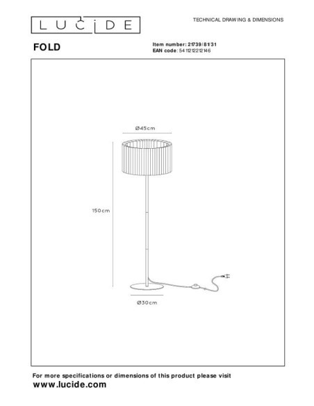 Lucide FOLD Lampadaire Diam. 45 cm 1xE27 Blanc | Deko Light