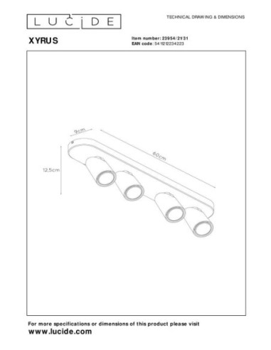 Xyrus de Lucide - Spot plafond Led Dim to warm  4x5W 2200K/3000K - dessin technique