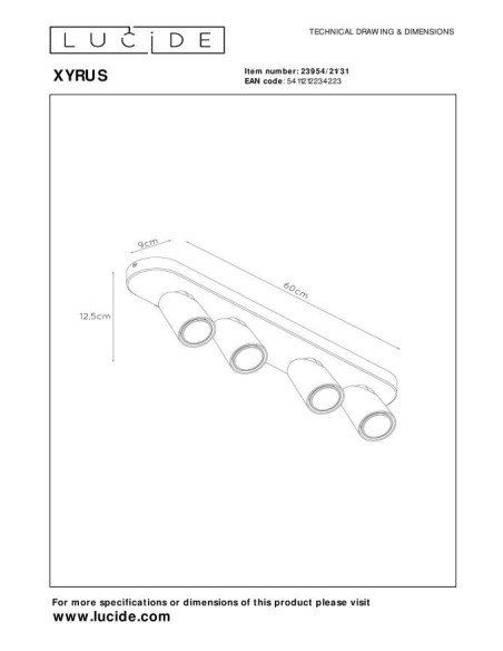 Xyrus de Lucide - Spot plafond Led Dim to warm  4x5W 2200K/3000K - dessin technique