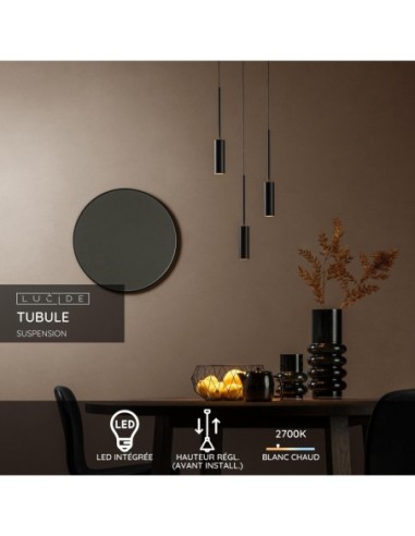 Suspension Led Diam. 26 cm 3x7W 733LM 2700K Noir - Lucide - Tubule