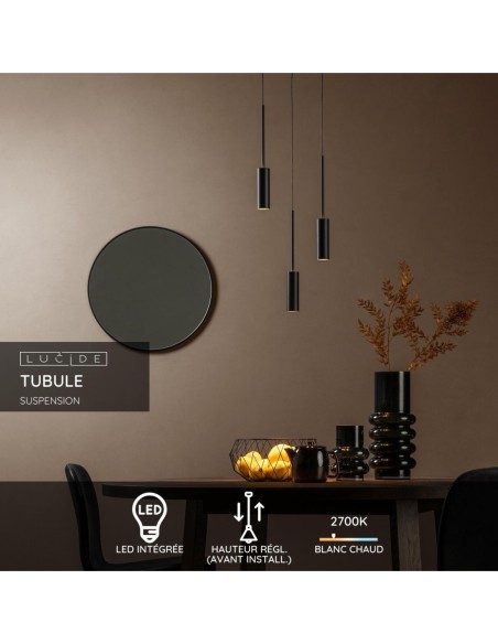 Suspension Led Diam. 26 cm 3x7W 733LM 2700K Noir - Lucide - Tubule