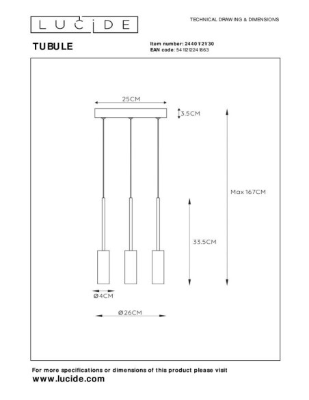 Suspension Led Diam. 26 cm 3x7W 733LM 2700K Noir - Lucide - Tubule