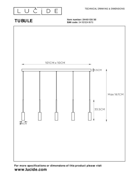 Suspension LED 5x7W 2700K, 500 LM, IP20, 230 V,Noir - Lucide - Tubule