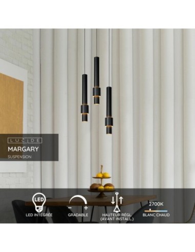 Suspension Led Diam. 28 cm Dimmable 3x4W 2700K Noir - Lucide - Margary