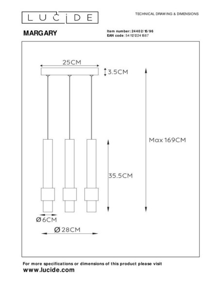 Lucide MARGARY Suspension Diam. 28 cm LED Dim. 3x4W 2700K Cafe | Deko Light