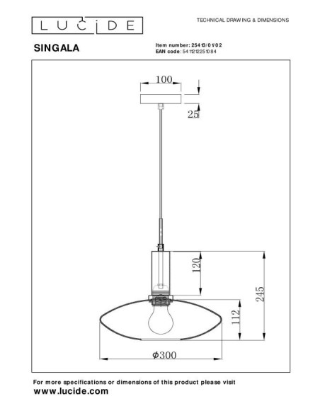 Singala  de Lucide - Suspension Led métal or mat verre opalin ronde E27 - dessin technique