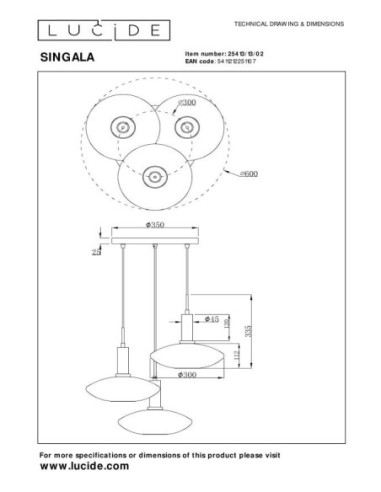 Singala  de Lucide - Suspension Led 3xE27 - dessin technique