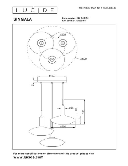 Lucide SINGALA Suspension Diam. 55 cm 3xE27 Or Mat / Laiton | Deko Light