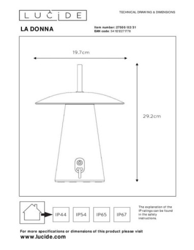 La Donna de Lucide - Lampe de table autonome étanche blanc Mat - dessin technique