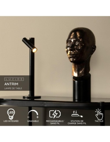 Lucide ANTRIM Lampe de table Rechargeable Int/Ext Batterie/Piles LED Dim. 1x2,2W 2700K IP54 Avec station de charge sans fil Noir