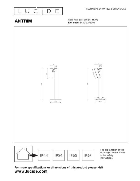 Lucide - Antrim - Lampe de table autonome rechargeable étanche noire - dessin technique