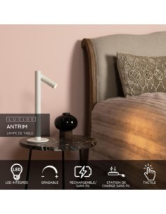 Lucide ANTRIM Lampe de table Rechargeable Int/Ext Batt/Piles LED Dim. 1x2,2W 2700K IP54 Avec station de charge sans fil Blanc | 2