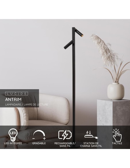 Lucide ANTRIM Lampadaire/lampe de lecture Rechargeable Int/Ext Batt/Piles 1x2,2W 2700K IP54 + station de charge sans fil Noir |