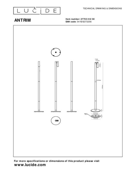 Lampadaire  autonome rechargeable étanche noir - Lucide - Antrim - dessin technique