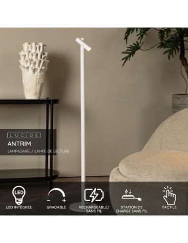 Lucide ANTRIM Lampadaire/lampe de lecture Rechargeable Int/Ext Batt/Piles 1x2,2W 2700K IP54 + station de charge sans fil Blanc |