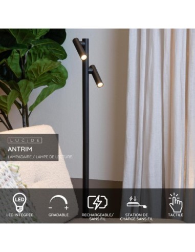 Lucide ANTRIM Lampadaire/lampe de lecture Rechargeable Int/Ext Batt/Piles 2x2,2W 2700K IP54 + station de charge sans fil Noir |
