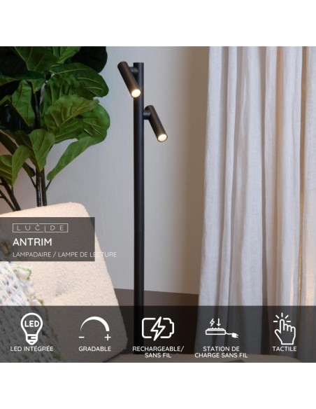 Lucide ANTRIM Lampadaire/lampe de lecture Rechargeable Int/Ext Batt/Piles 2x2,2W 2700K IP54 + station de charge sans fil Noir |