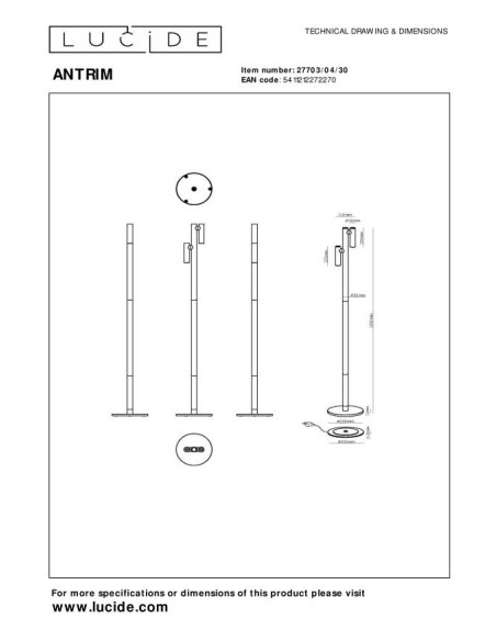 Lucide ANTRIM Lampadaire/lampe de lecture Rechargeable Int/Ext Batt/Piles 2x2,2W 2700K IP54 + station de charge sans fil Noir |