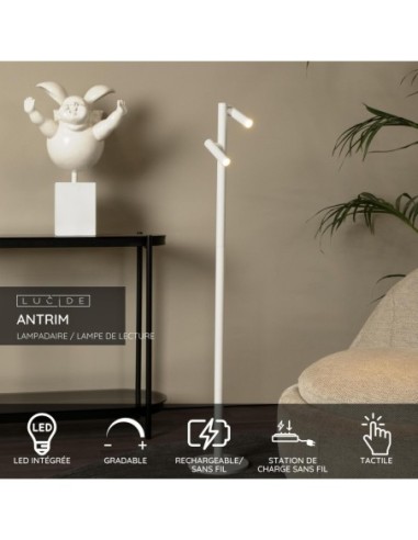 Lucide ANTRIM Lampadaire/lampe de lecture Rechargeable Int/Ext Batt/Piles 2x2,2W 2700K IP54 + station de charge sans fil Blanc |