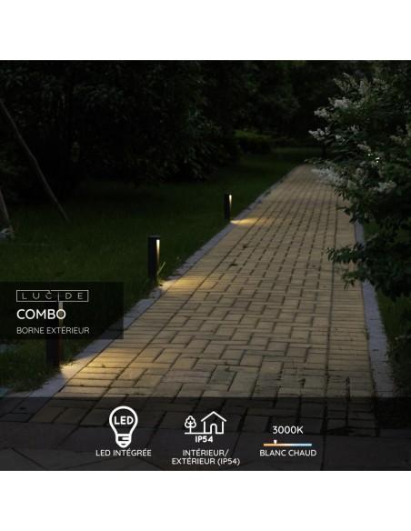 Lucide - Combo - Potelet Led 200 lm 3000K IP54 aluminium noir 25 cm - fiche technique