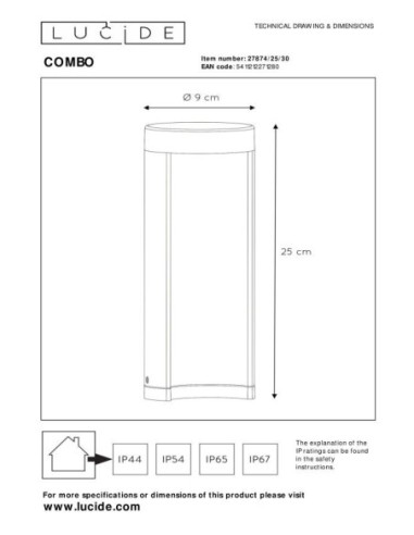 Combo de Lucide - Potelet Led 200 lm 3000K IP54 aluminium noir 25 cm - dessin technique