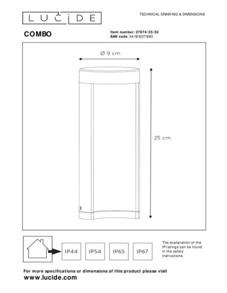 Combo de Lucide - Potelet Led 200 lm 3000K IP54 aluminium noir 25 cm - dessin technique